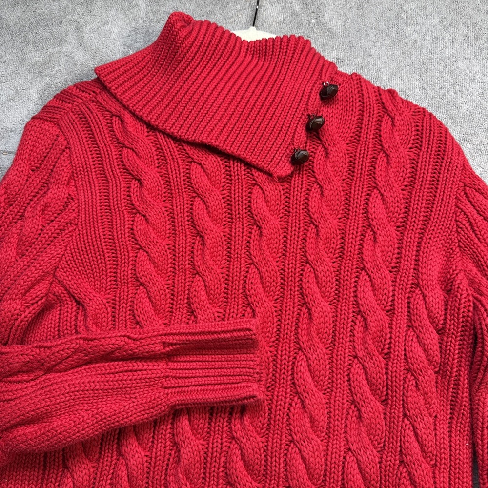 Ralph Lauren Sweater Womens XL Red Cable Knit Mock Neck Button Collar Cotton